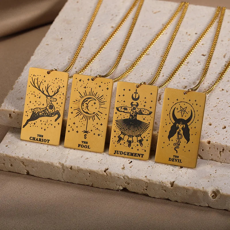 New 18k Gold Stainless Steel Necklace Men and Women Tarot English Letter Pendant Square Card Pattern Necklace
