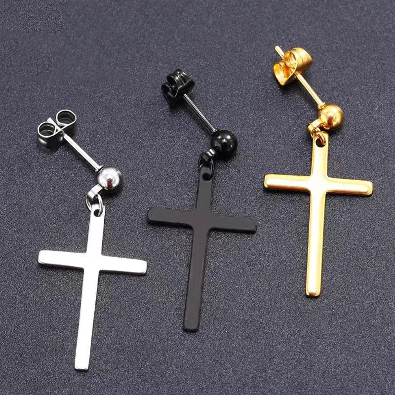 Hot Selling Trendy Stainless Steel Cross Pendant Hoop Earrings Gold Plated Personality Bead Jewelry-Wholesale
