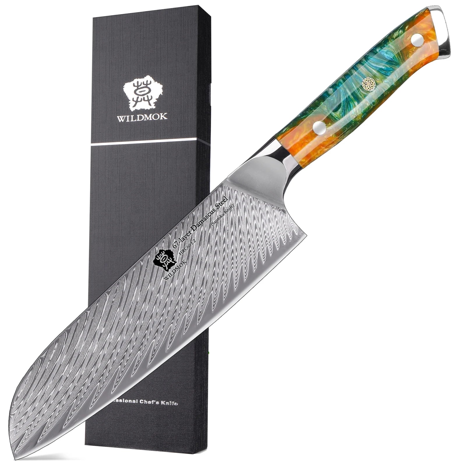 WILDMOK Professional 7 Inch Japanese 67 Layers Damascus Steel Kitchen Knife Santoku Chef Knife with Resin Handle