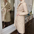 Super Long Straight Winter Coat With Rhombus Pattern Casual Sashes Women Parkas Deep Pockets Tailored Collar Stylish Outerwear