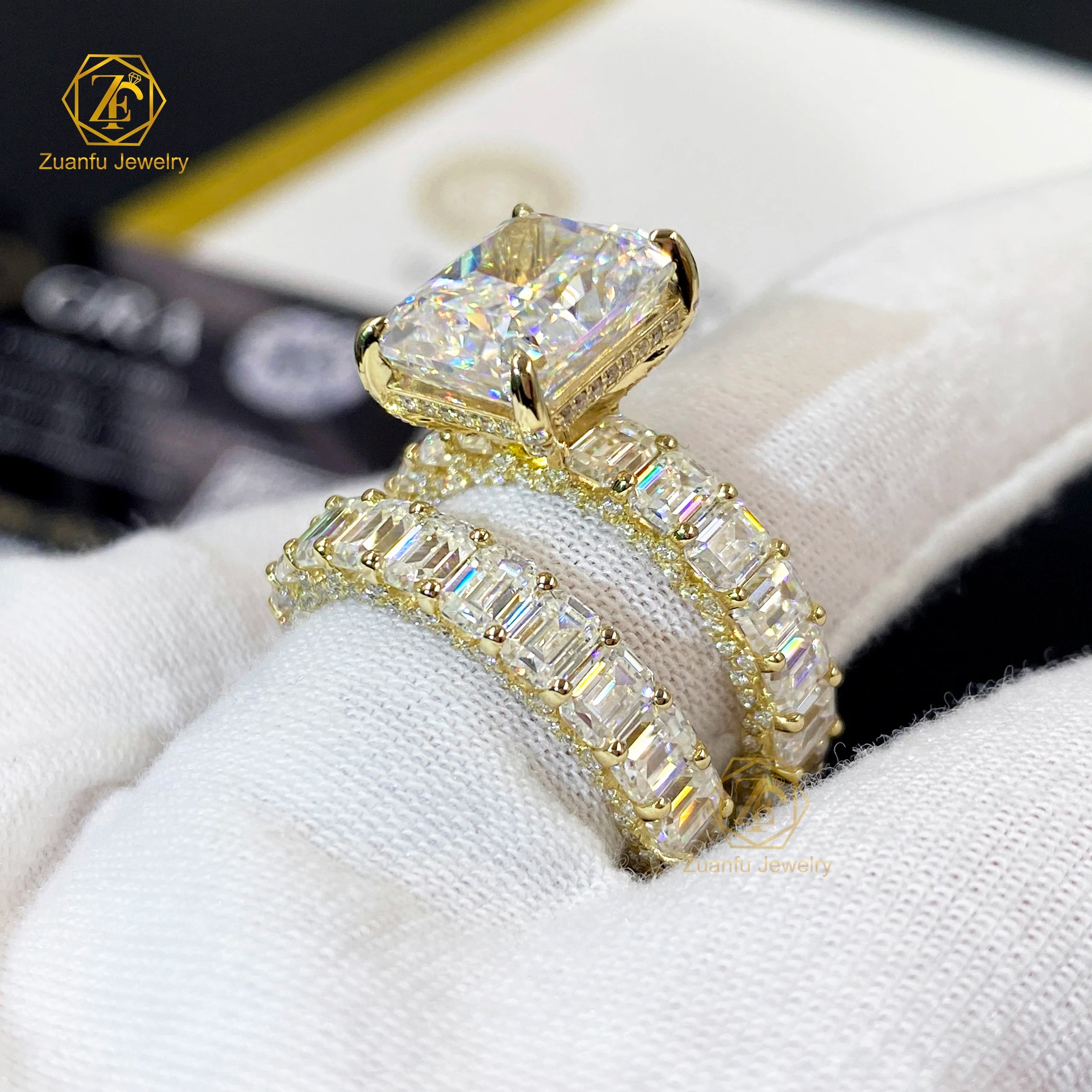 Custom Yellow Gold Plated Emerald Shape Crushed Ice Cut Moissanite Engagement Wedding Ring Set for Couples Direct Factory