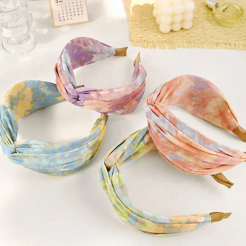 Wholesale Summer Wide Knotted Hairband Headwear Tie Dye Fabric Headband Hair Accessories for Women