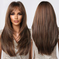 Factory Fast Delivery Natural Brown Long Layered Synthetic Wig Mixed Golden Daily Straight Wigs with Bangs Heat Resistant