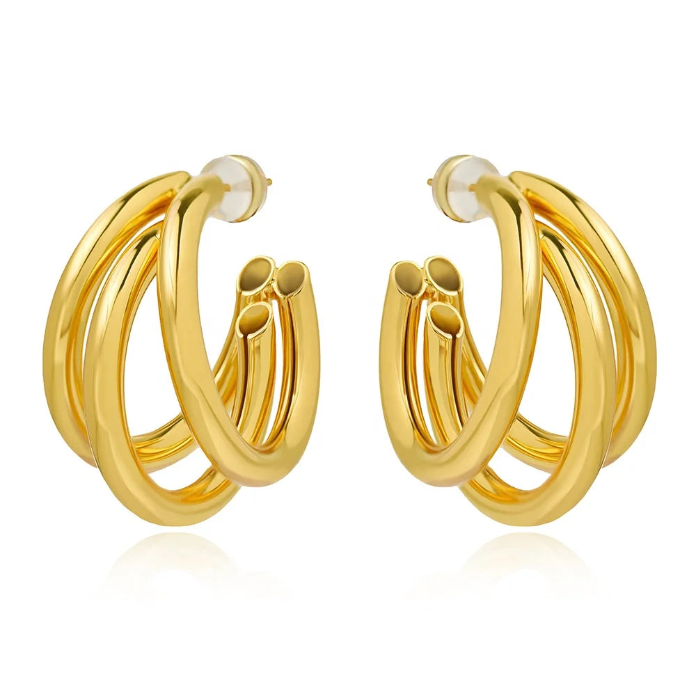 Personalized Minimalist Brass Gold-Plated Hypoallergenic Triple-Loop Hoop Earrings Custom Jewelry