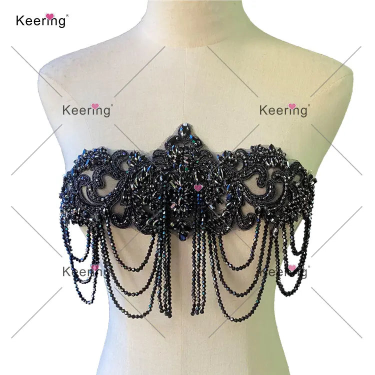 WDP-289-1 Colorful 2022 Crystal Red Bead Rhinestone Bodice Applique Black Fringe for Sewing