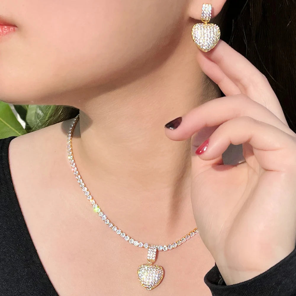 Bling CZ Cubic Zircon Brazilian Gold Plated Heart Shape Pendant Necklace and Earrings Fashion Women Wedding Party Jewelry Sets