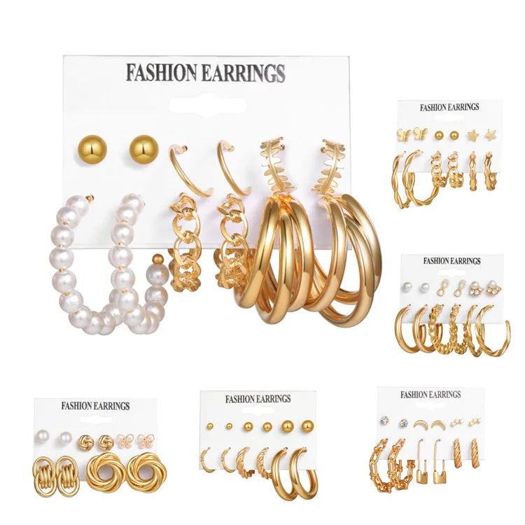 VKME Punk Fashion Acrylic Pearl Crystal Gold Hoop Earrings Set Oversize Metal Circle Butterfly Heart Flower Earring for Women