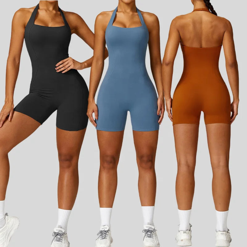 Women's Sports Bodysuit Brushed Halter Beauty Back Yoga Jumpsuit for Fitness Exercise Women's Mono Deportivo