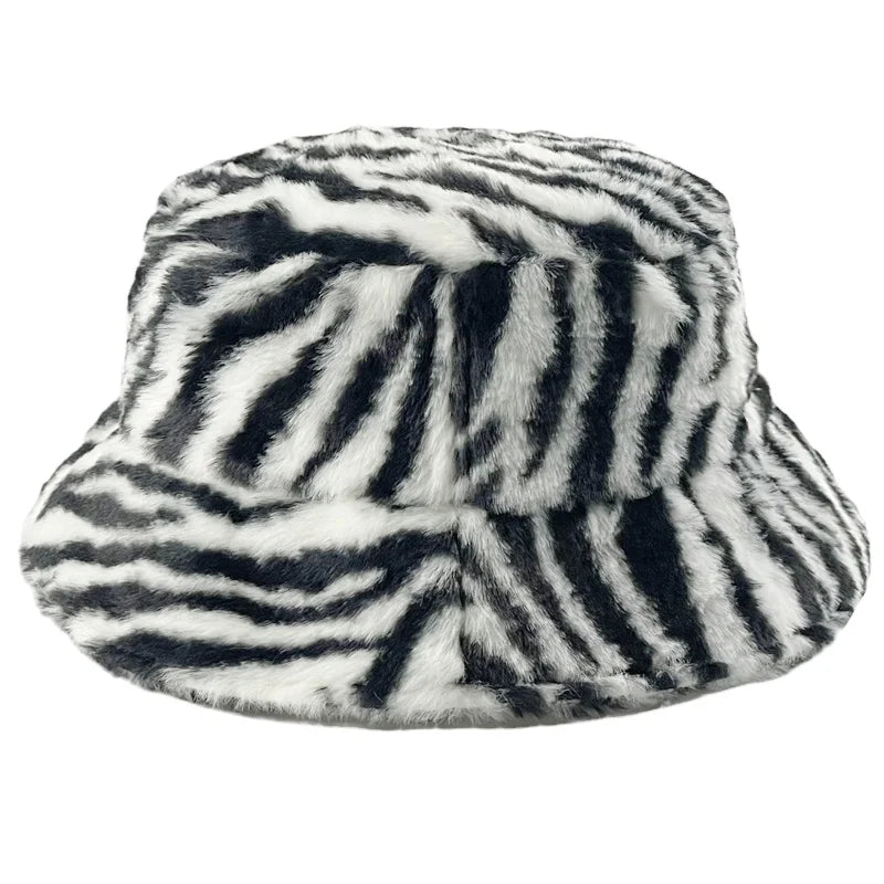 Autumn Winter Unisex Adult Designer Bucket Cap Furry Zebra Plush Logo Fleece Customised for Travel Ski Fishing Parties Daily Use
