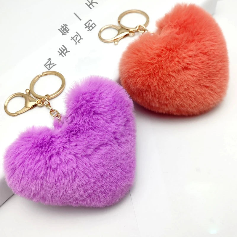 Fashionable Furry Faux Rabbit Fluffy Heart Pom Pom Fur Ball Metal Keychain Rechargeable Key Holder Bag Accessories Doll Pattern