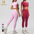 Women's Solid Pattern Short Sleeve Workout Vest and Leggings Running Tight Gym Fitness Sports Set Yoga Tops and Bottoms