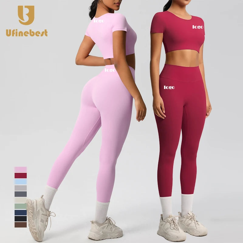 Women's Solid Pattern Short Sleeve Workout Vest and Leggings Running Tight Gym Fitness Sports Set Yoga Tops and Bottoms