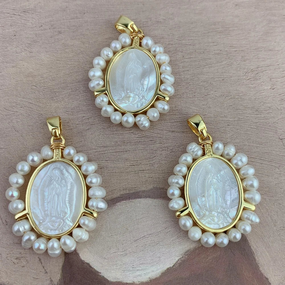Natural MOP Shell Irregular Freshwater Pearl Guadalupe Virgin Medal Pendants Charms for Jewelry Making Necklace