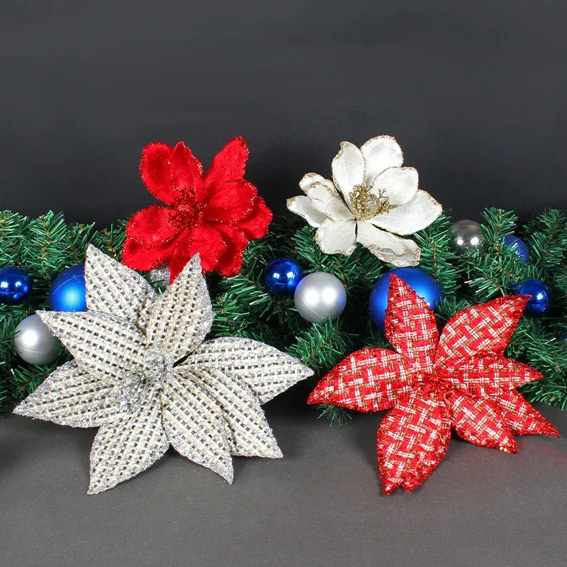 Christmas Poinsettia Decorations Glitter Poinsettia Flowers Christmas Tree Flowers Red Gold White Silver for Xmas Tree Ornaments