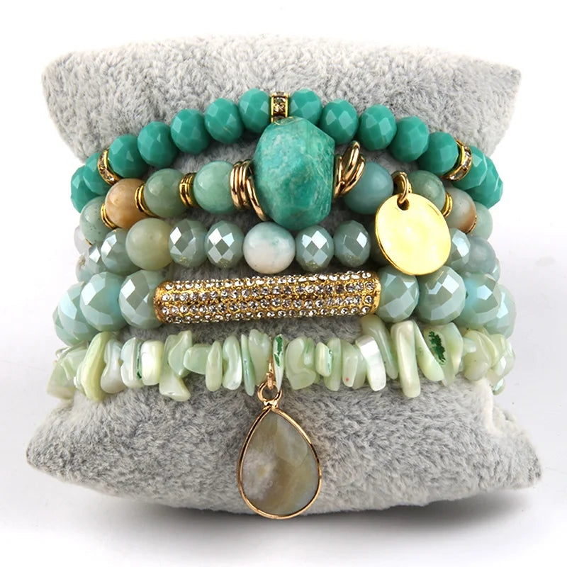 Fashion Women Jewelry Natural Stone Crystal Glass Acrylic Shell Bracelet Alloy Enamel Star Pendant 5PCS Boho Stack Bracelets Set