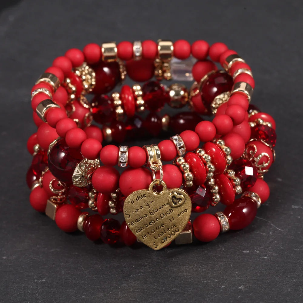 Fashion Boho Handmade Crystal Beads Bracelet Unisex Multi-layers Colorful Heart Charm Bracelets Fashion Jewelry Set for Gifts