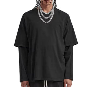 Unisex 2-In-1 Cotton T Shirt Custom Double Layer Blank Design Knitted Crew Neck Tee Long Sleeve T Shirt