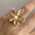 New Summer 18K PVD Gold Stainless Steel Adjustable Trendy Romantic Jewelry Pink Enamel Glass Pearl Flower Open Ring for Women