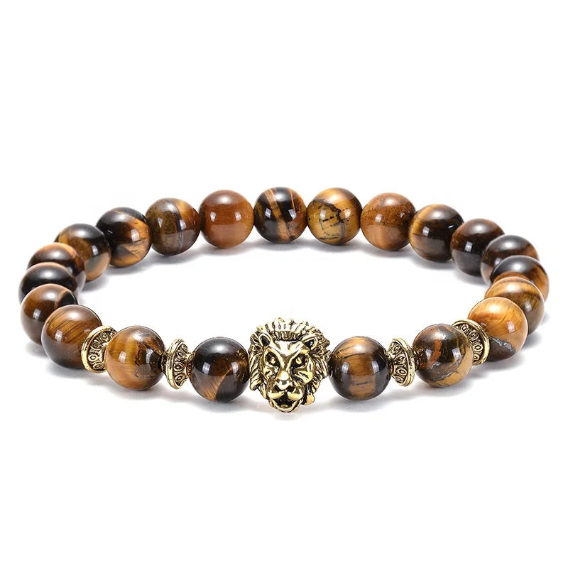 Best-selling Natural tiger Eye Stone lion Leopard Owl Bracelet Handmade Beaded Buddha's Head Jewelry.