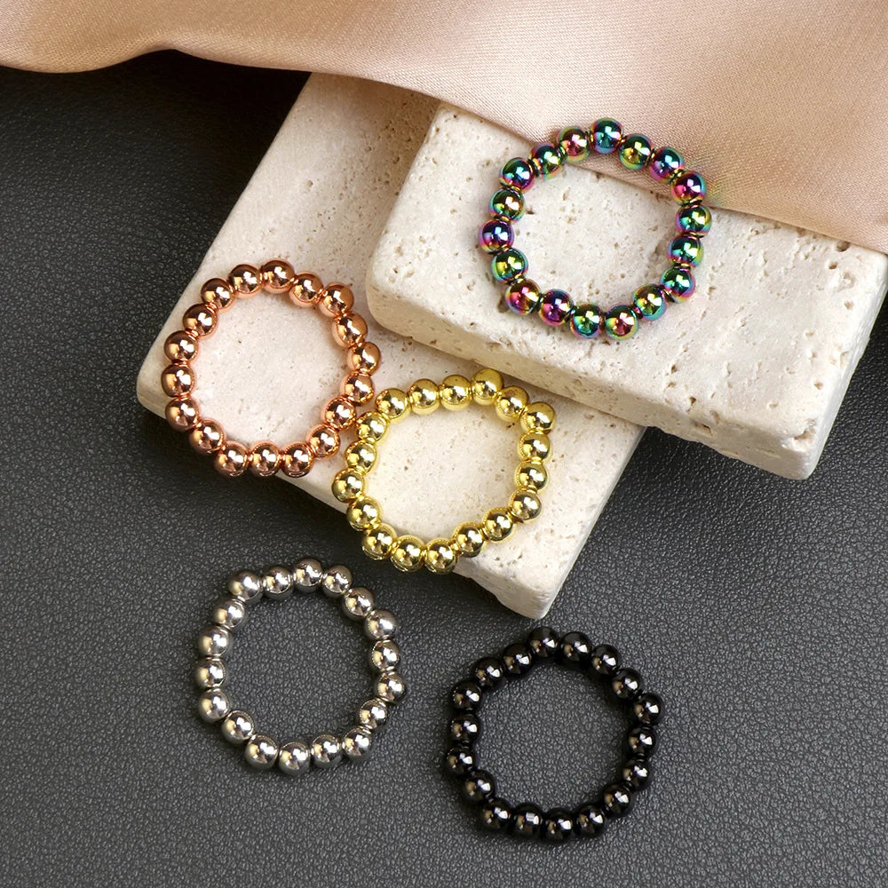 Newest Design Gold Silver Metal Ball Beads Elastic Ring 18k Gold Plated Simple Beaded Adjustable Ring Jewelry