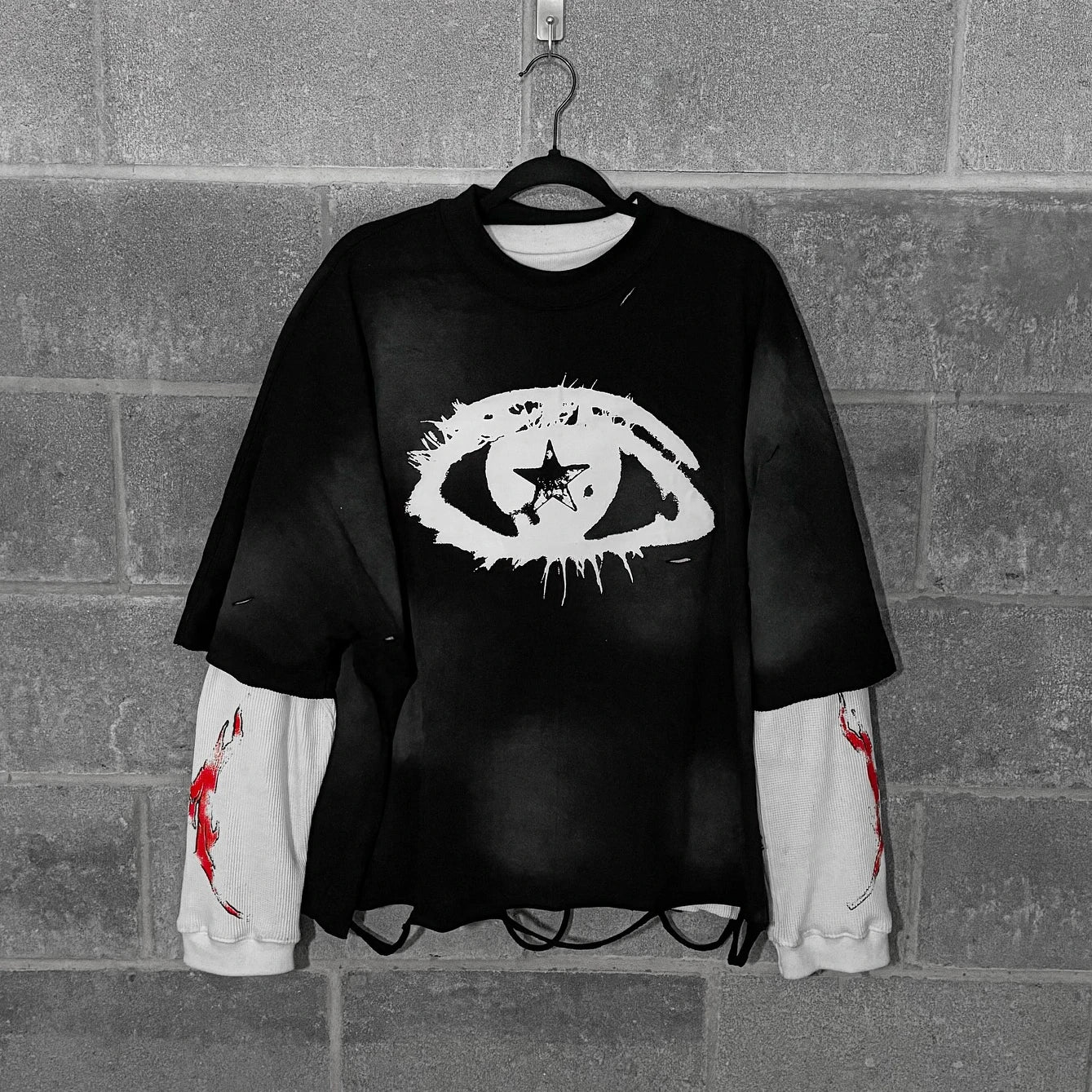 US Free Tax Heavyweight Cotton Applique Boxy Oversized T-Shirts Men Cropped Acid Wash Double Layer Long Sleeve T Shirt