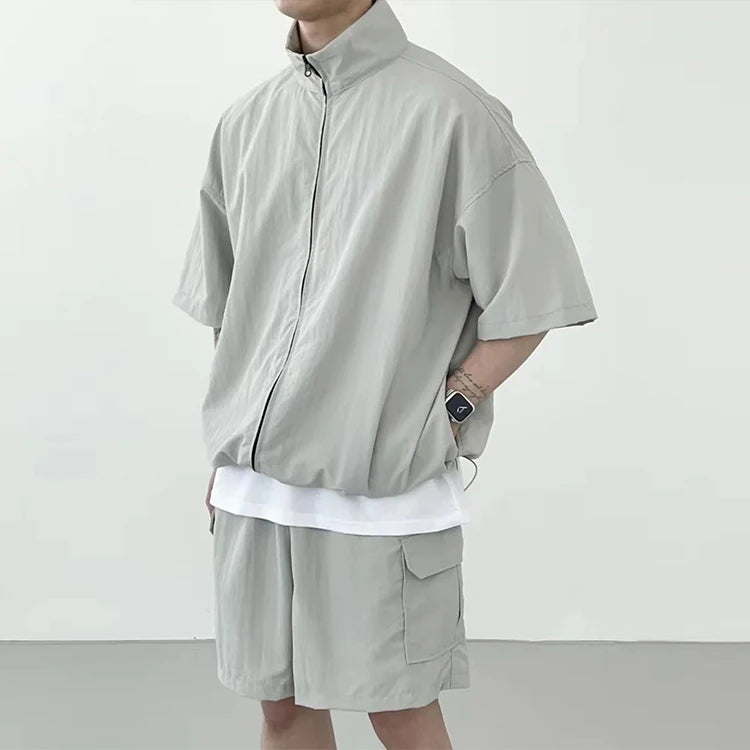 Custom Summer Streetwear for Men High Street Blanks Zip Shirt Shorts Set Plain Nylon Workout Clothing for Outdoor Activities