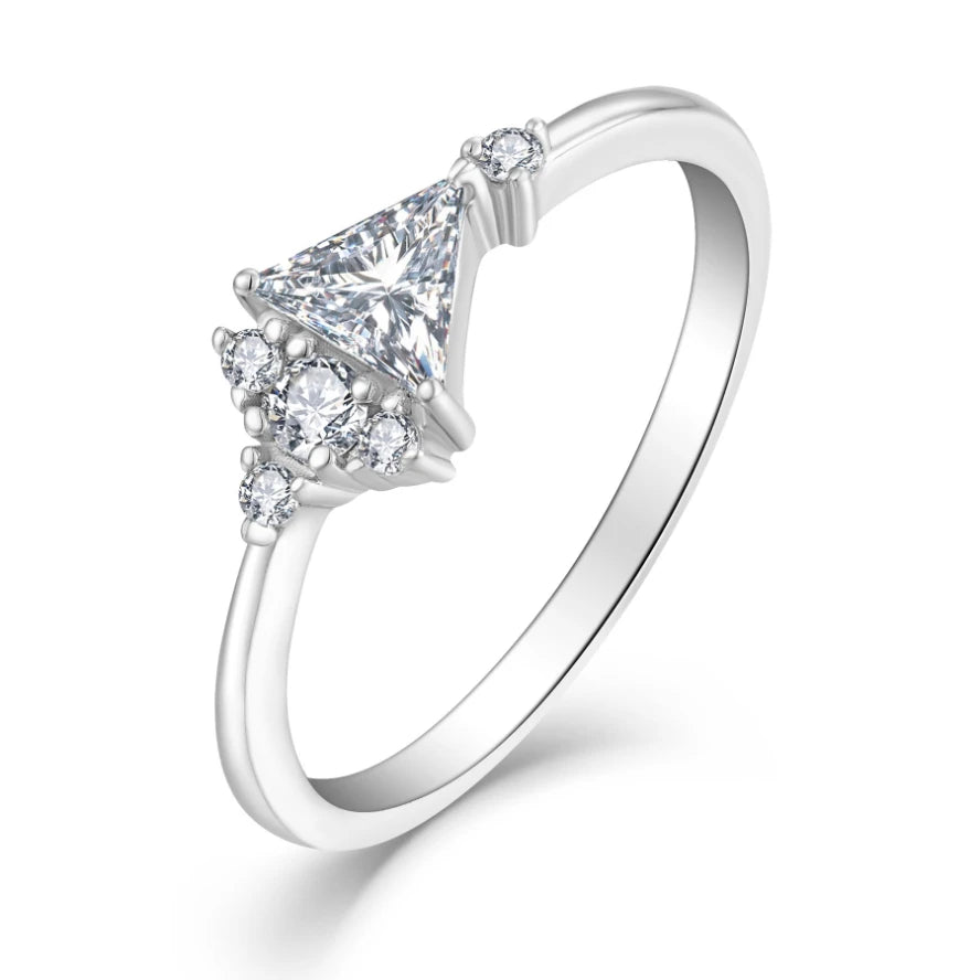Rhodium Plated Cubic ZirconiaTriangle Cut Pave Setting 925 Sterling Silver Classic Unisex Promise Ring Wedding Engagement