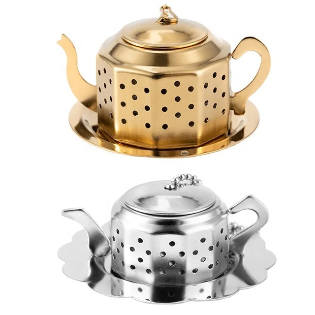Exquisite Mini Teapot Shaped Stainless Steel Tea Infuser Tea Filter Strainer with Chain and Drip Trays for Loose Leaf Tea