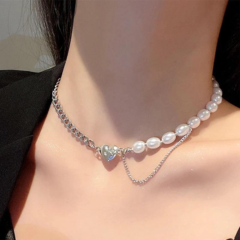 Half Stainless Steel Cuban Chain High Luster Fresh Water Pearl Collarbone Choker Elegant Baroque Heart Pendant Clavicle Necklace