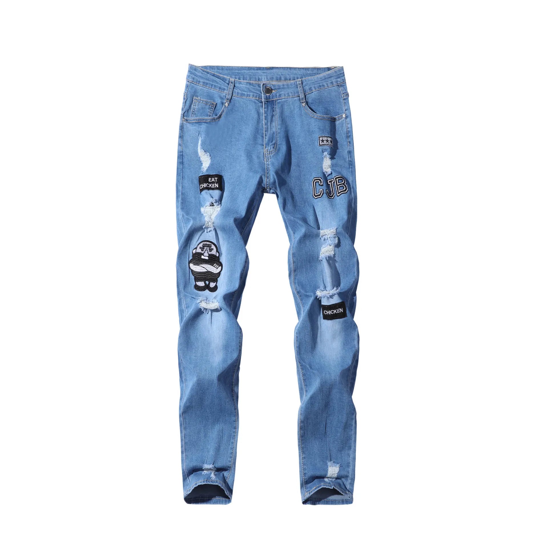 Men's Fashion Biker Streetwear Straight Pencil Style Embroidery Skinny Jeans Denim Distressed Ripped Look Slim Breathable Medium
