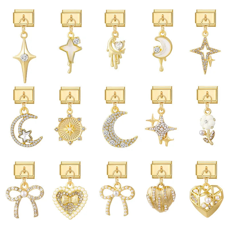 Fashion Gold Plated Stainless Steel Bracelet DIY Accessories Personalized Moon Star Pendant Italian Charm Bracelet