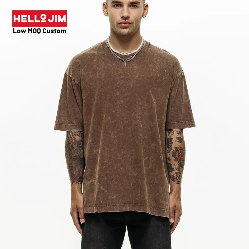 Custom Logo Streetwear Oversized Heavy Cotton Men's T-Shirt Graphic High Quality Print Brown Acid Wash t Shirt Men