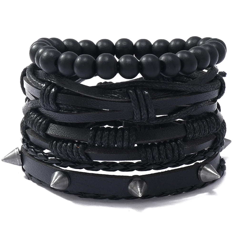 New Arrival Punk Spike Bracelet 4pcs Black Leather Braided Wrap for Men and Women Fashionable Bracelets