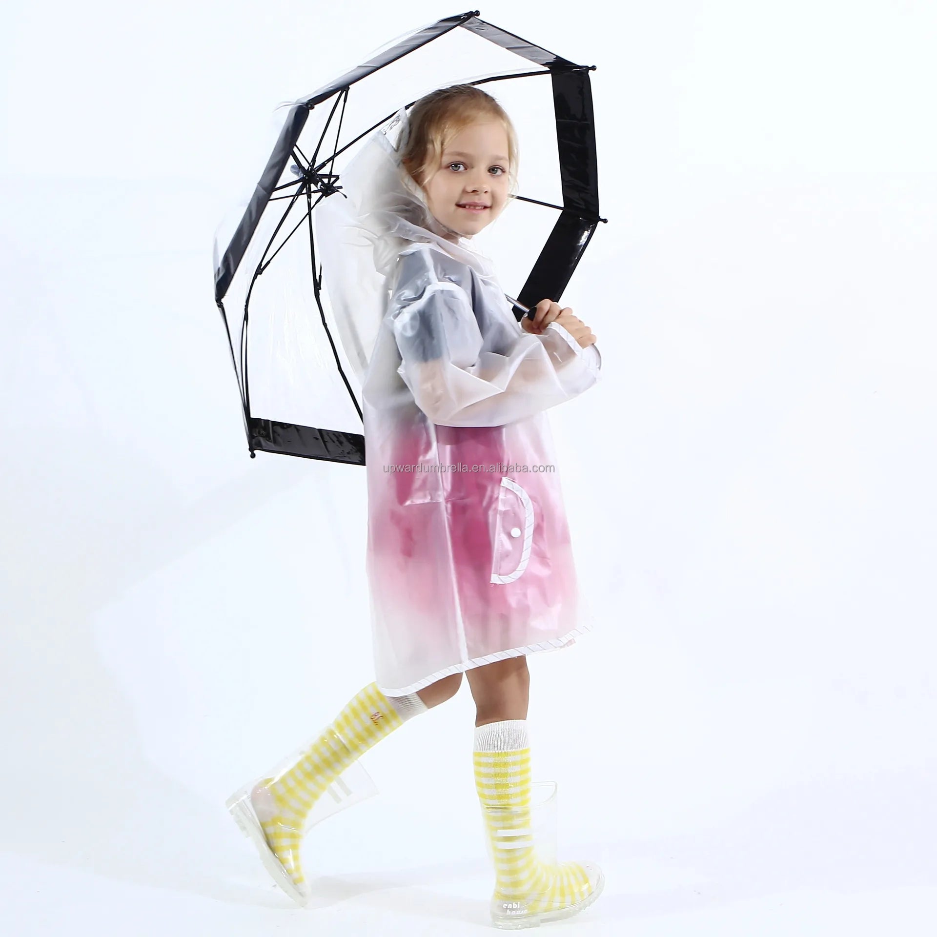 Kids Transparent Long Handle Straight Manual Nylon Minimalist Umbrella for Children