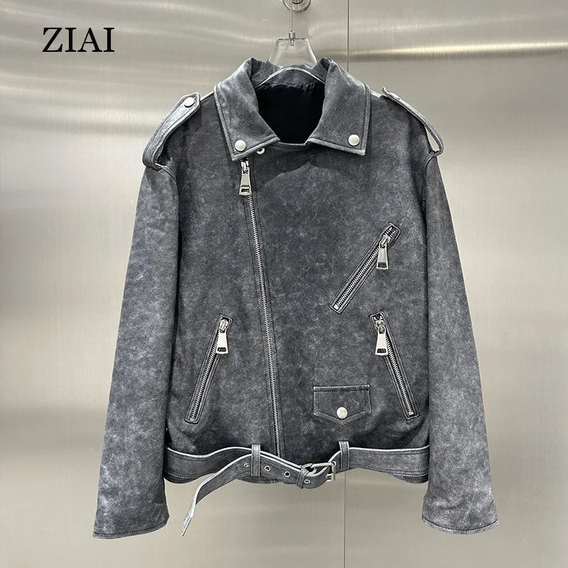 Wholesale Leather Jacket for Women Fashion Leather Motorcycle Jacket Plus Size Faux Washed Material Leather Jacket