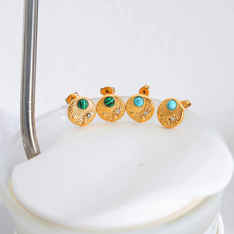 Luxury Jewelry Rhinestone Round Stud Earrings Stainless Steel Blue Turquoise Vintage Earrings Women