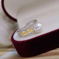 Luxury Two Tone Clover Gemstone Ring 8-9mm AAAA Grade Natural White Bread Freshwater Pearl 18K Gold Plated for Women's Pearl