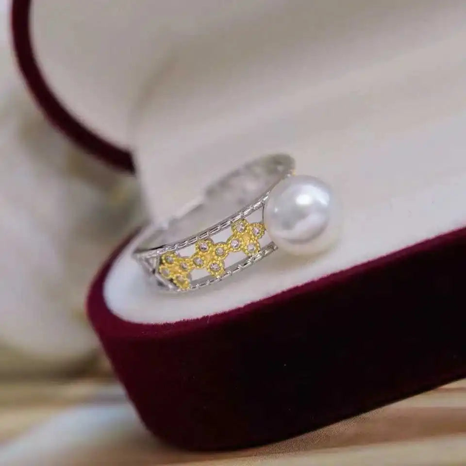 Luxury Two Tone Clover Gemstone Ring 8-9mm AAAA Grade Natural White Bread Freshwater Pearl 18K Gold Plated for Women's Pearl