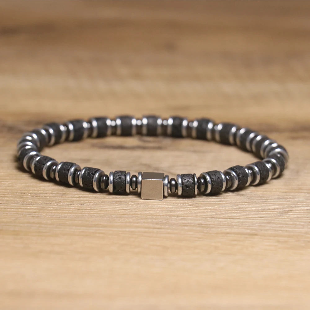 Geometric Natural Stone Gemstone Stainless Steel Bracelet Lava Elastic Beads Square Cube Charm for Party Gift Jewelry