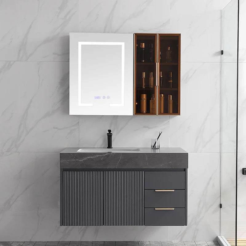 European  Style Groove Fluted  Hotel Toilet Room Wooden Furniture  Bathroom Cabinet Marble Washing Sink and LED Mirror