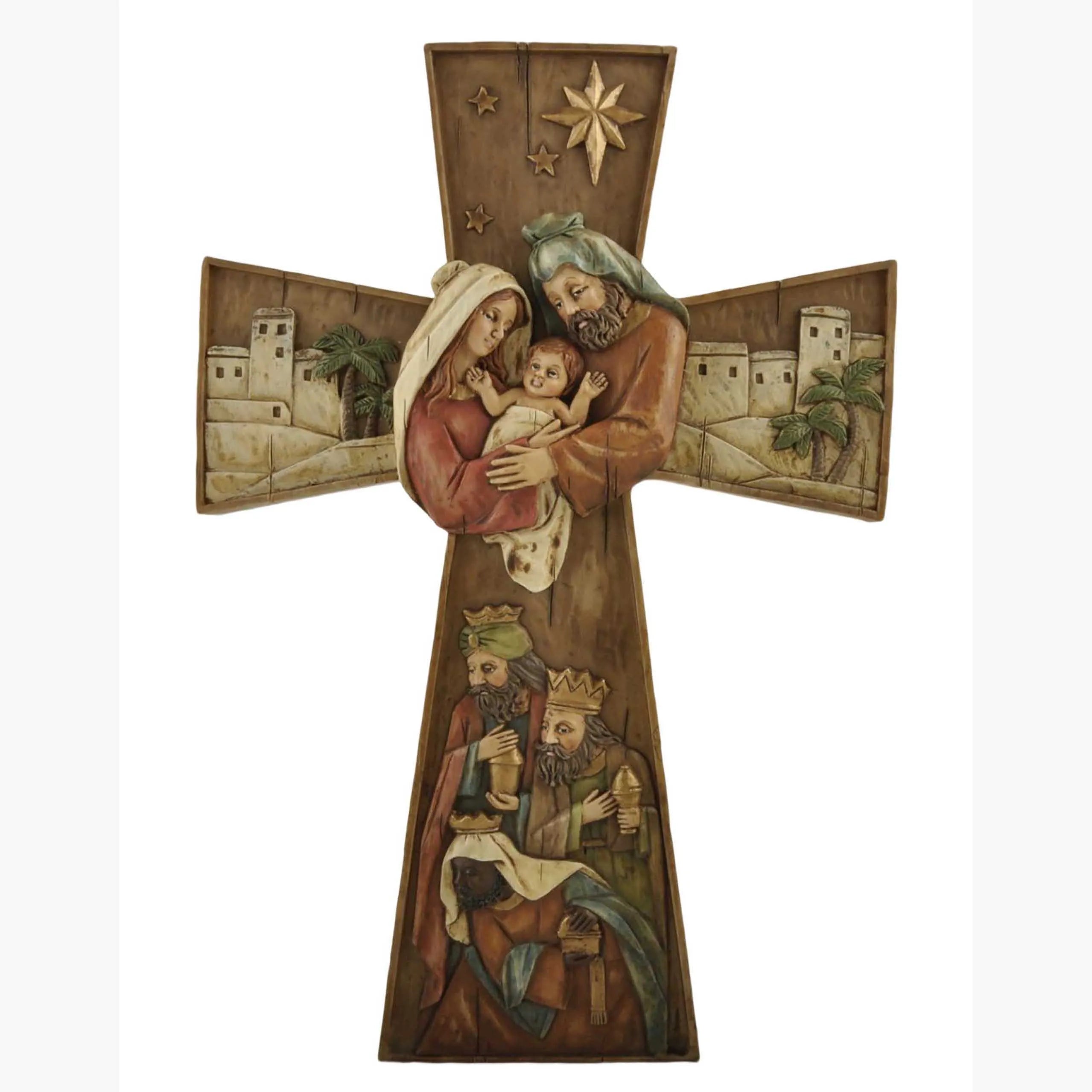 Resin Cross Wall Hand Painted Custom Nativity Figurine Hanging Cross Gift Desk Easy Installation Home Office Decor