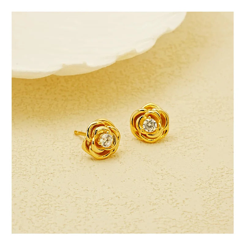 SHOREA Free Video and Picture Custom 925 Sterling Silver Geometric Rose Flower Stud Earrings for Women