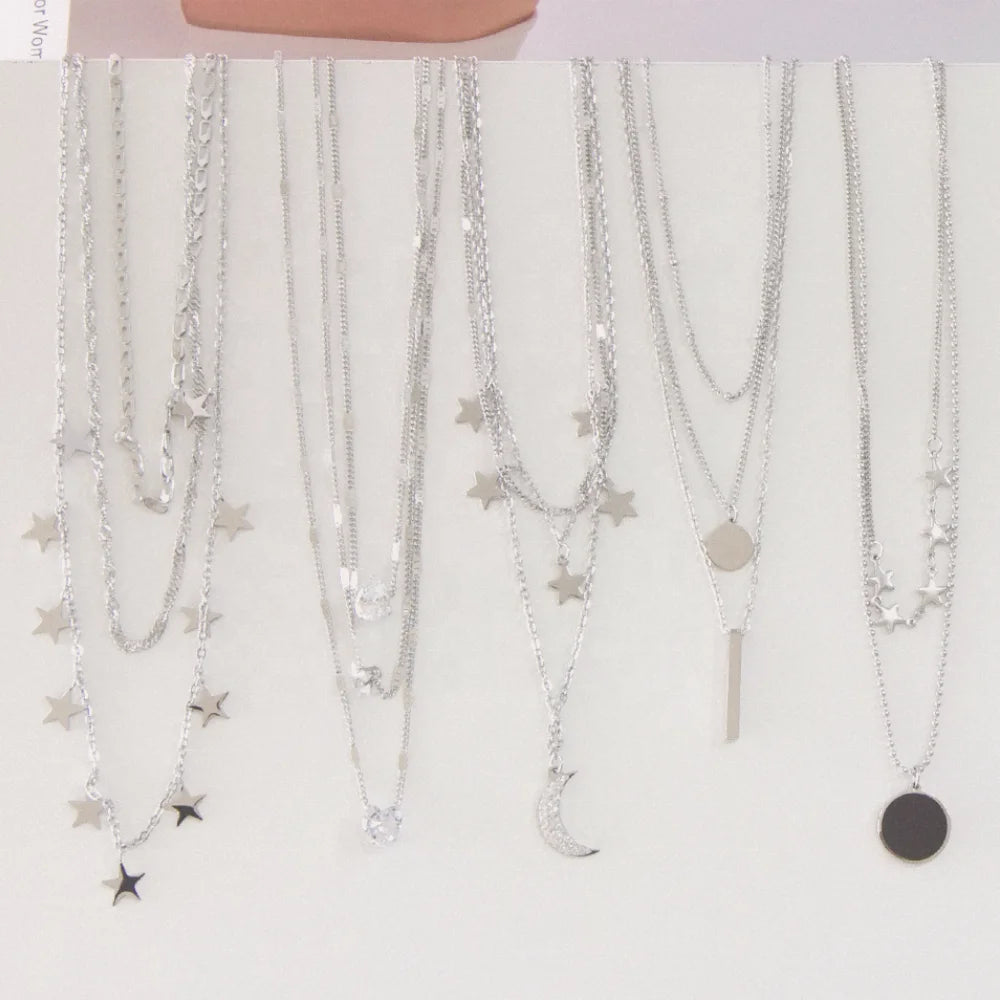 Ason 2022 Fashion Stainless Steel Color Multilayer Moon Star Pendant Necklace for Women