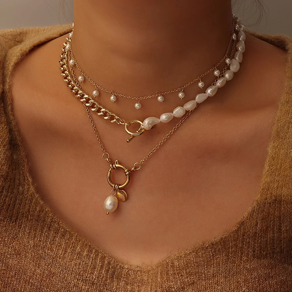 Minimalist Tassel Choker Pearl Necklace 18k Gold Plated Stainless Steel Pearl Chain Pendant Necklace Pearl Necklace