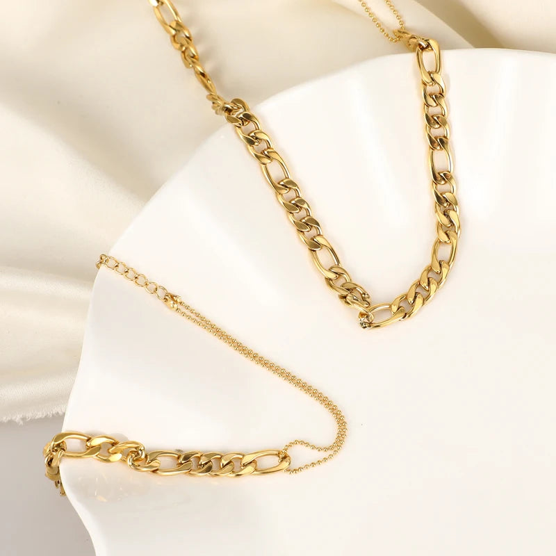 Fenny Jewelry Wholesale 18K PVD Plated Classic Simple Beaded Figaro Mixed Choke Chain Stainless Steel Necklace for Women