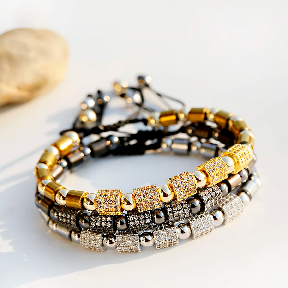 3 Color Luxury Zircon Clear Hexagon Macrame Adjustable Men's Charms Bracelets Jewelry for Women Men