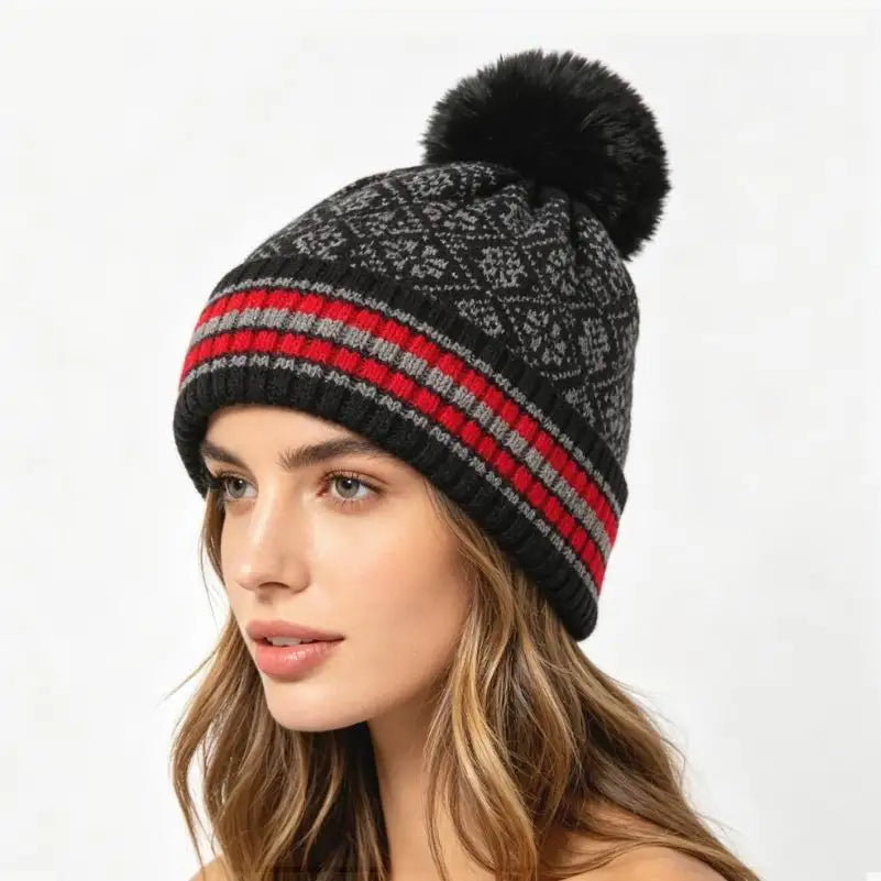 Jacquard Stripe Chunky Knit Hat Stretch Pom Pom Beanie Hat for Women Men