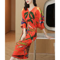 Casual Pleated Print Dress Doll Sleeve V Neck Dress Summer New Plus Size Loose Long Dress