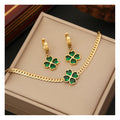 New Arrival 18k Gold Plated Stainless Steel Emerald Zircon Necklace Women Bracelet Necklace and Earring Jewelry Set