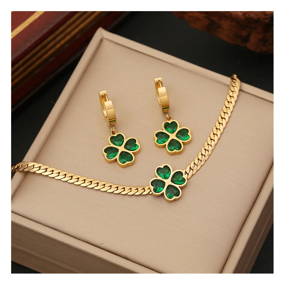 New Arrival 18k Gold Plated Stainless Steel Emerald Zircon Necklace Women Bracelet Necklace and Earring Jewelry Set
